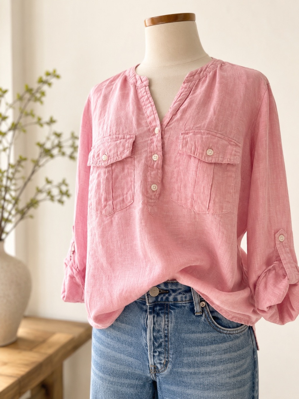 Talbots Pink Linen-Blend Henley Button Shirt
